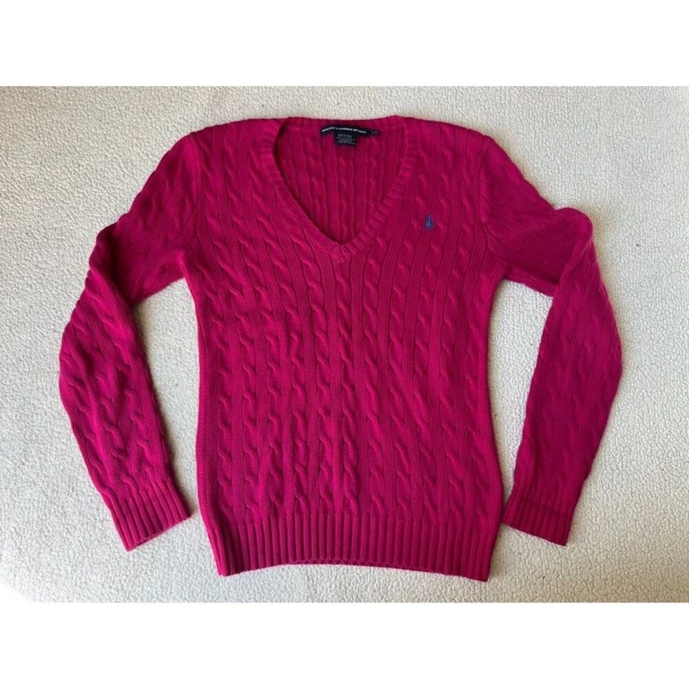 Ralph Lauren Sport Magenta Pink Cable Knit V Neck Sweater Womens Large Cotton